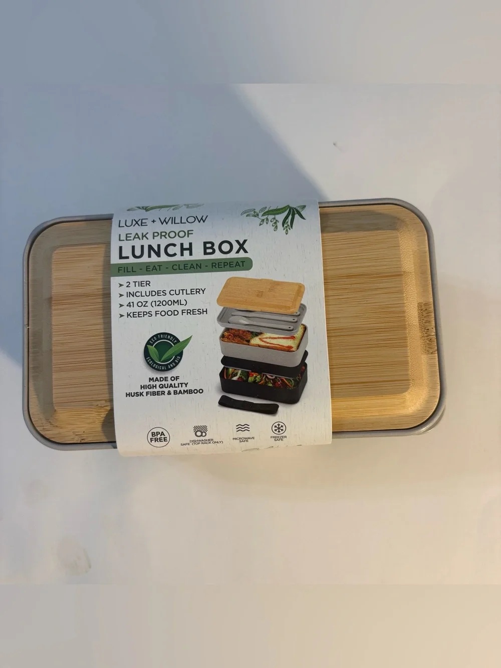 NWT Bento Lunch Box 2 Tier Leak Proof Cutlery Black Gray Nesting Bamboo Lid